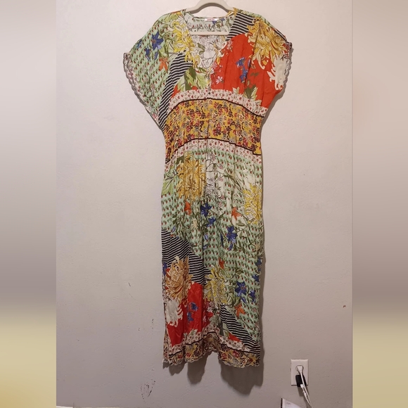 Johnny Was Maxi Dress Silk Patchwork SzL Green/Red Floral Boho Lightweight - Picture 14 of 15